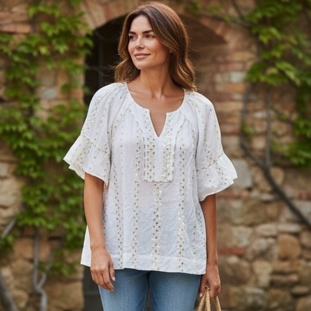 Democracy White Sequin Embroidered Ruffle Sleeve Tunic Top Plus‎ Size 1X